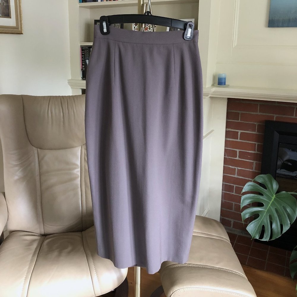 Maxi-length pencil skirt in a soft brown color.  100% wool.